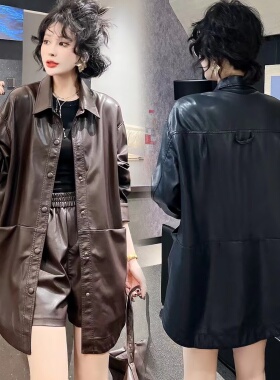 黑色皮衣外套女酷飒风女款2025新款超火棕色中长款衬衫pu皮外套潮