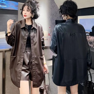 衬衫 超火棕色中长款 pu皮外套潮 2025新款 黑色皮衣外套女酷飒风女款