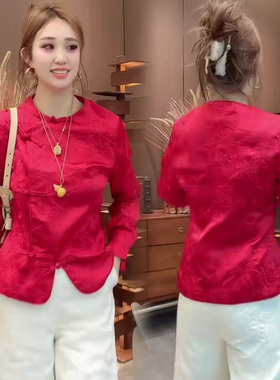 炸街独特漂亮巨好看的红色上衣女本命年新中式国风短款内搭打底衫