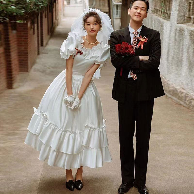 大码轻婚纱孕妇高腰显瘦胖MM显瘦200斤旅拍出门纱缎面领证小礼服