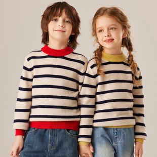 儿童半高领100纯山羊绒衫男童秋冬加厚高端条纹中大童男童冬毛衣