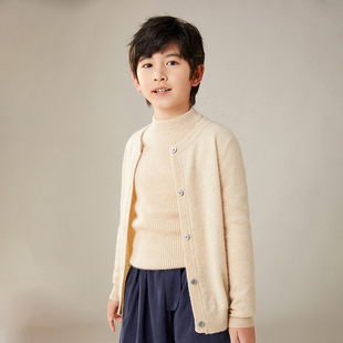 圆领儿童100纯山羊绒开衫男童针织衫上衣秋冬季拼色女童毛衣外套