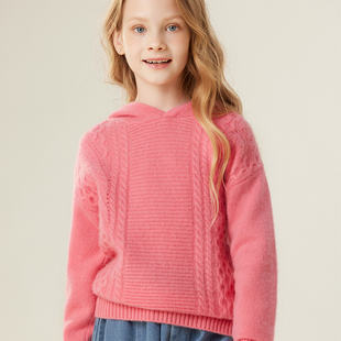 儿童连帽羊绒衫秋冬季加厚男女扭花高端100纯山羊绒针织毛衣外穿