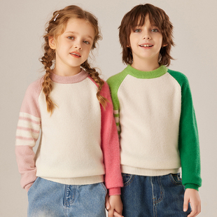儿童拼色100%纯山羊绒衫男女童秋冬加厚毛线衣针织中大童打底毛衣
