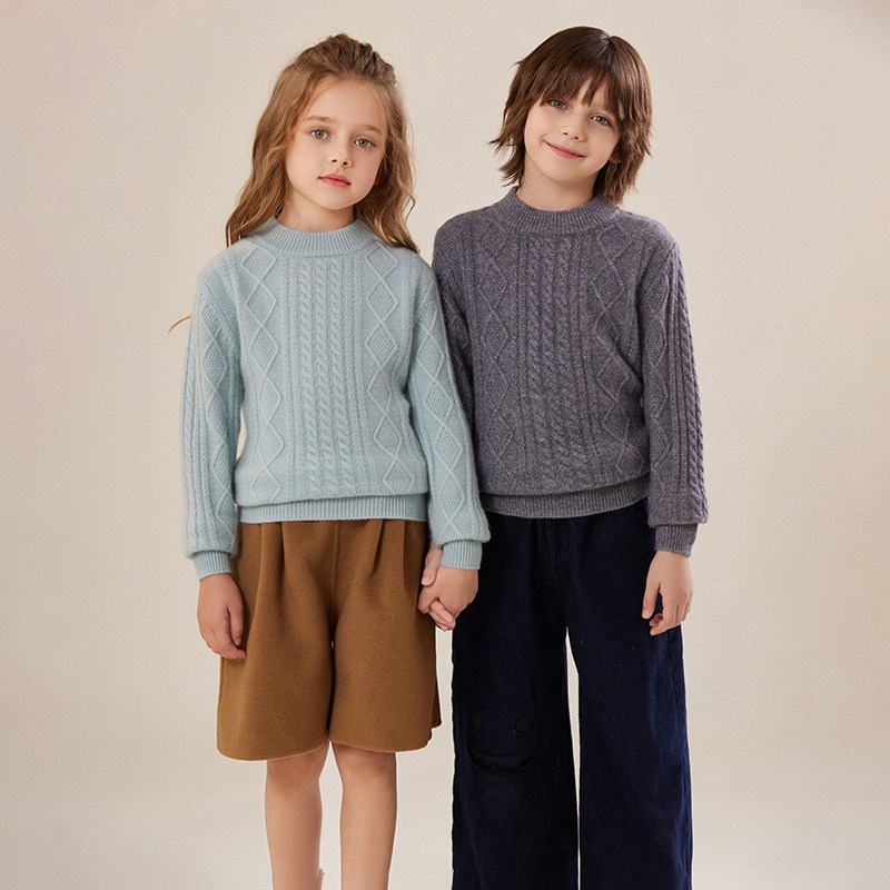 儿童冬季菱形半高领100纯山羊绒衫男童中大童针织打底女童冬毛衣