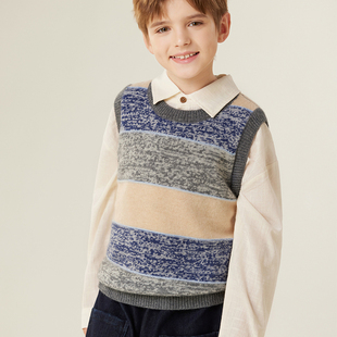 儿童羊绒背心秋冬季女童拼色100纯山羊绒衫套头加厚马甲男童坎肩