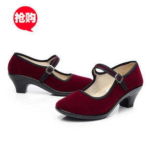 专柜品牌高档正品酒红色高跟优质透气西施绒一带布鞋跳舞鞋工作鞋