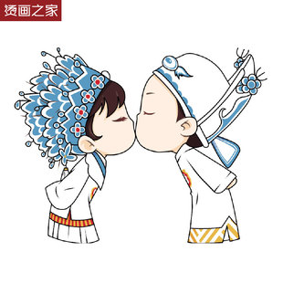 中国风京剧戏子小情侣印花 服装热转印烫画贴 DIY手工熨烫贴图