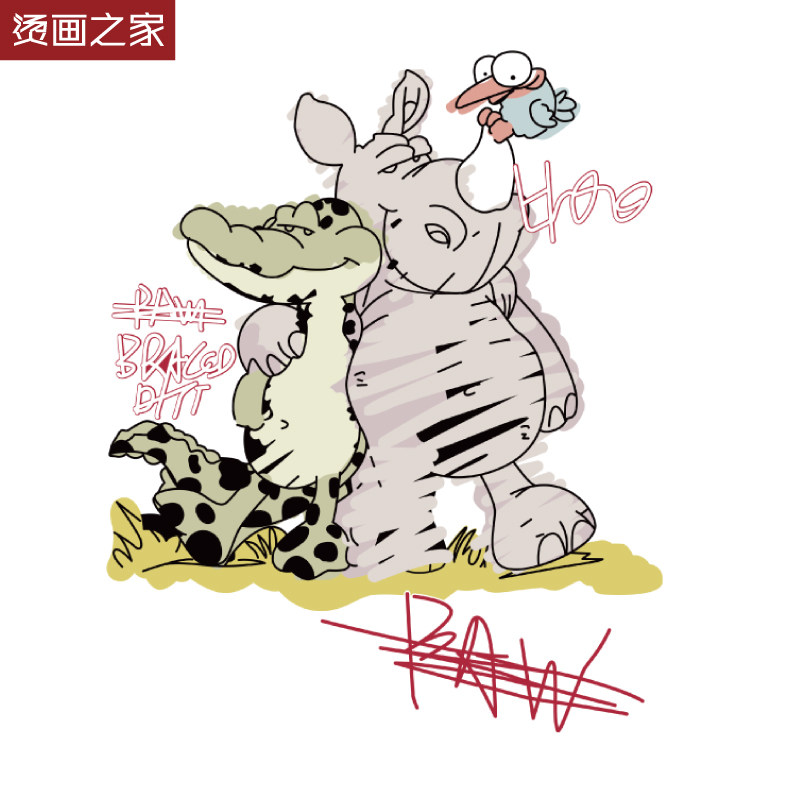 卡通动物犀牛和鳄鱼印花 服装热转印柯式烫画 diy家用熨斗烫图