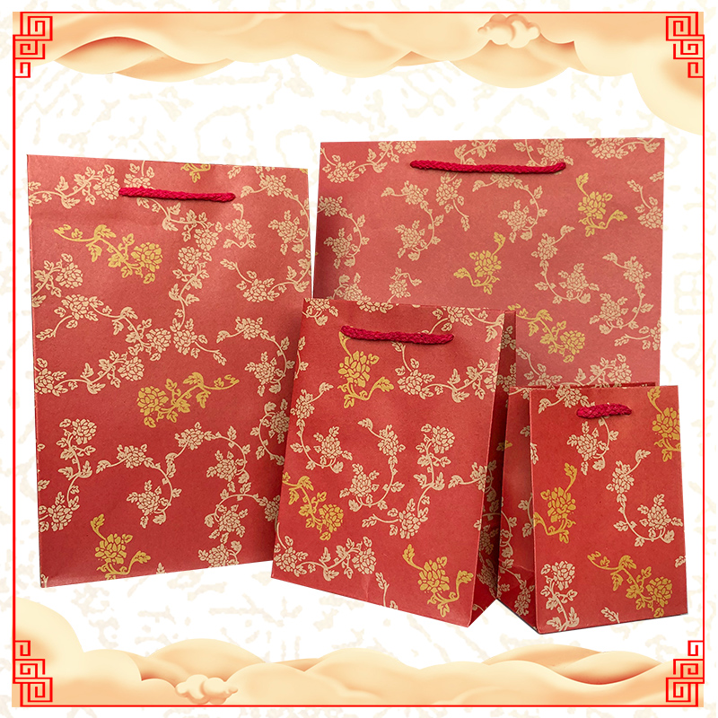 喜庆节日礼品茶叶曲奇饼糖果包装回礼袋中国风橘红色手提牛皮纸袋
