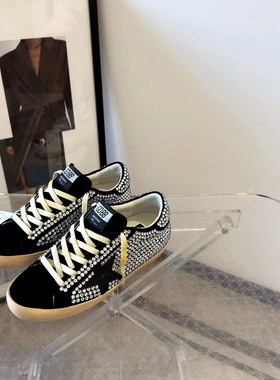 小众脏脏鞋水钻厚底板鞋女黑色系带做旧轻奢潮流休闲鞋3cm内增高