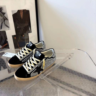 3cm内增高 女黑色系带做旧轻奢潮流休闲鞋 小众脏脏鞋 水钻厚底板鞋