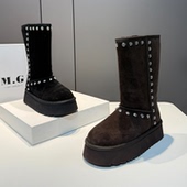 时尚 长筒靴女2025冬新款 雪地靴真皮厚底加绒保暖铆钉休闲高筒棉靴