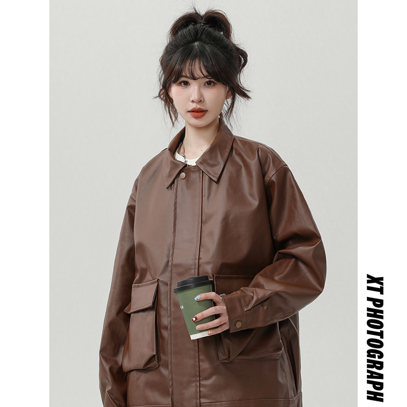 XZ413HW235-P90-2025秋装新款机车PU时尚休闲潮流工装中性风外套，女装皮衣，星座413（原星座105C）