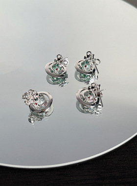 W3薄荷绿银色orb土星球耳钉透明珠镶钻nana同款高品质精致耳饰女