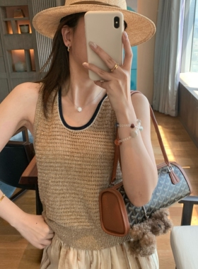 HLY夏新款高级感细闪珠片针织衫BC风亚麻镂空细闪U领休闲背心女
