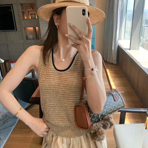 夏亚麻细闪珠片U领针织背心女