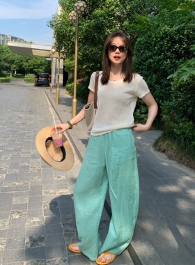 夏季100%亚麻四色弯刀裤