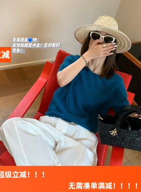 HLY早春款 马卡龙色系拉毛羊毛短袖针织衫显瘦百搭软糯舒适上衣女