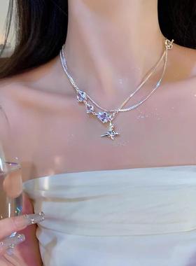 轻奢小众高级感超闪锆石双层叠戴锁骨链气质显瘦拼接设计感项链女
