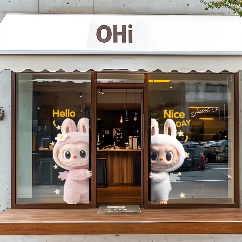 Labubu拉布布卡通玻璃贴纸商场门店氛围装饰布置玻璃门窗静电贴画图片