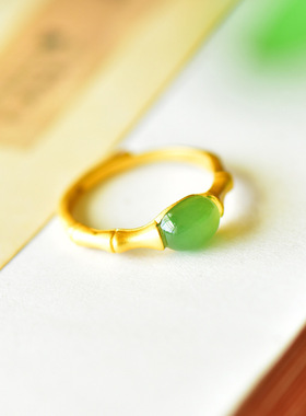 新款银镶和田碧玉戒指女优雅竹节