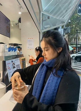 张婧仪微博同款蓝色围巾克莱因蓝保暖冬季针织围巾加厚气质毛线