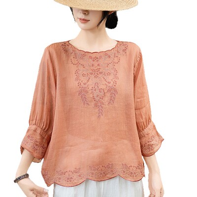 26年夏款衬衫短袖女苎麻半袖刺绣国风套头民族风衬衣上衣薄款新款