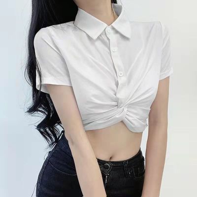 春夏新款韩版百搭复古扭结polo领衬衫V领纽扣短款修身T恤BM上衣潮