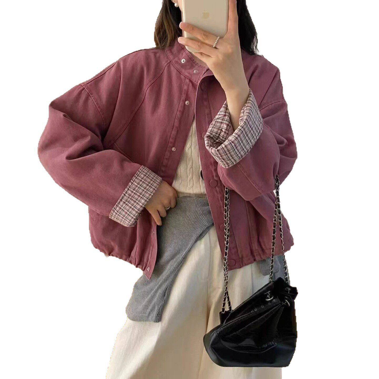 2025年秋款棉服宽松休闲韩版学院风上衣外套加厚保暖拼格立领外套