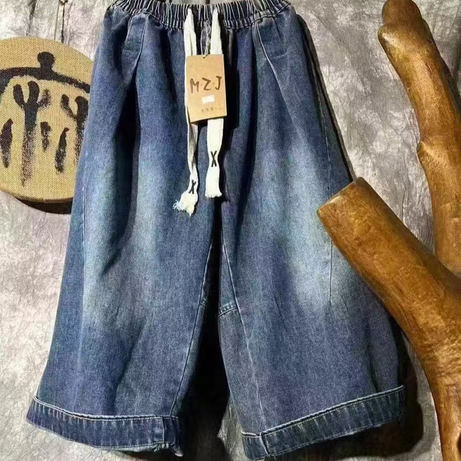 2026年春款牛仔裤女新款松紧腰直筒宽松休闲九分裤慵懒风新款裤子