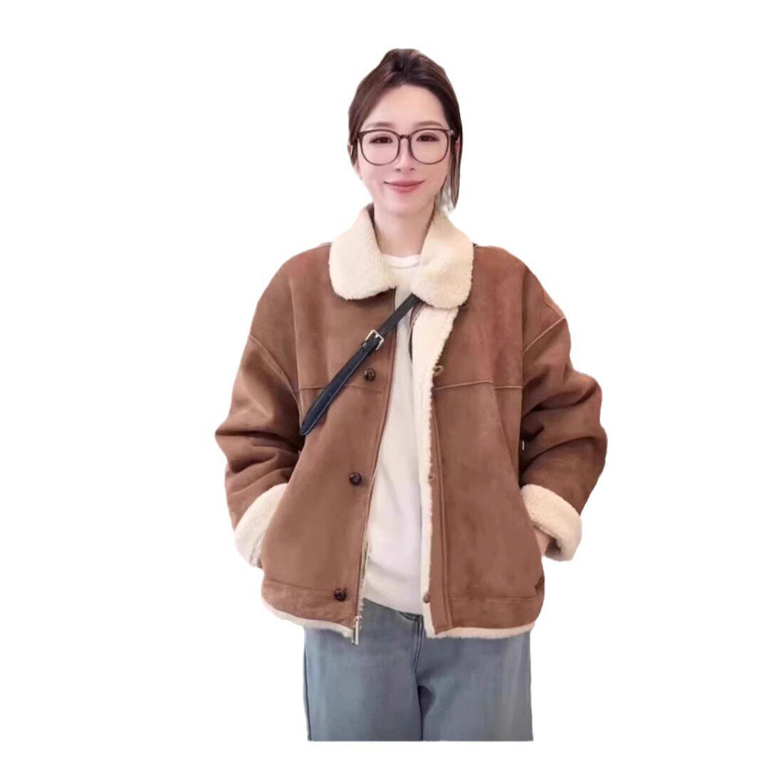 加棉羊羔毛皮毛一体外套女2024冬季新款复古宽松显瘦鹿皮绒上衣潮