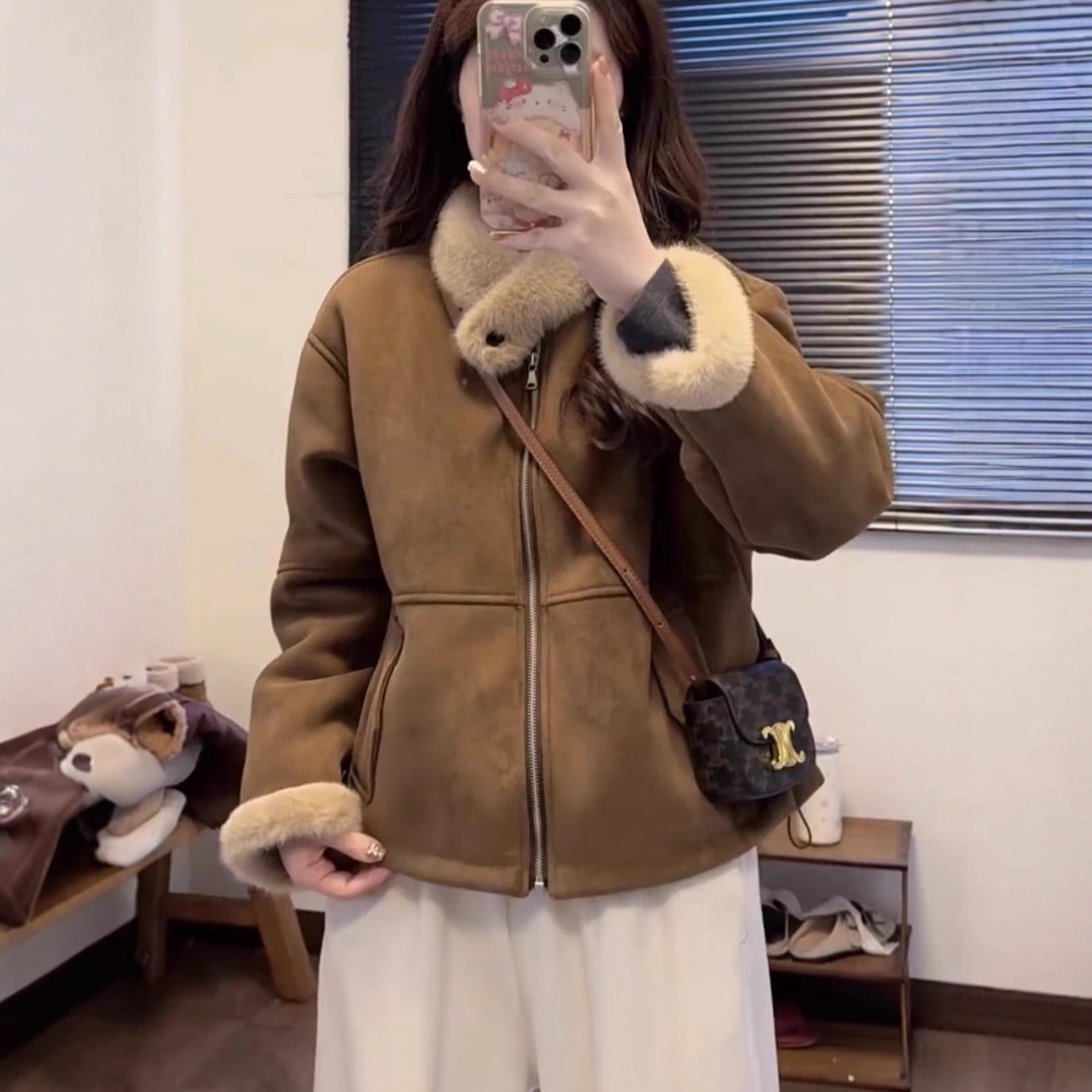 皮毛一体复古麂皮绒毛领短外套女加厚保暖宽松小个子百搭夹克上衣