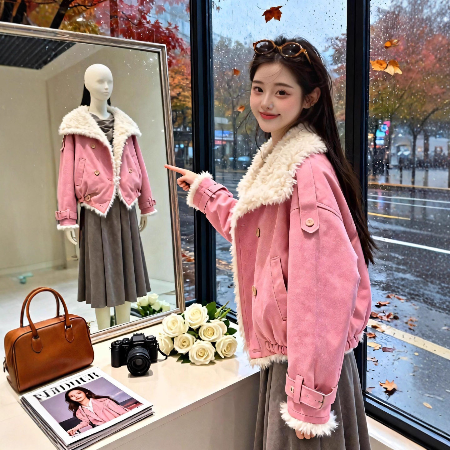 果绿色仿皮毛一体羊羔毛外套女冬2025新款短款巨好看的加厚绒棉服