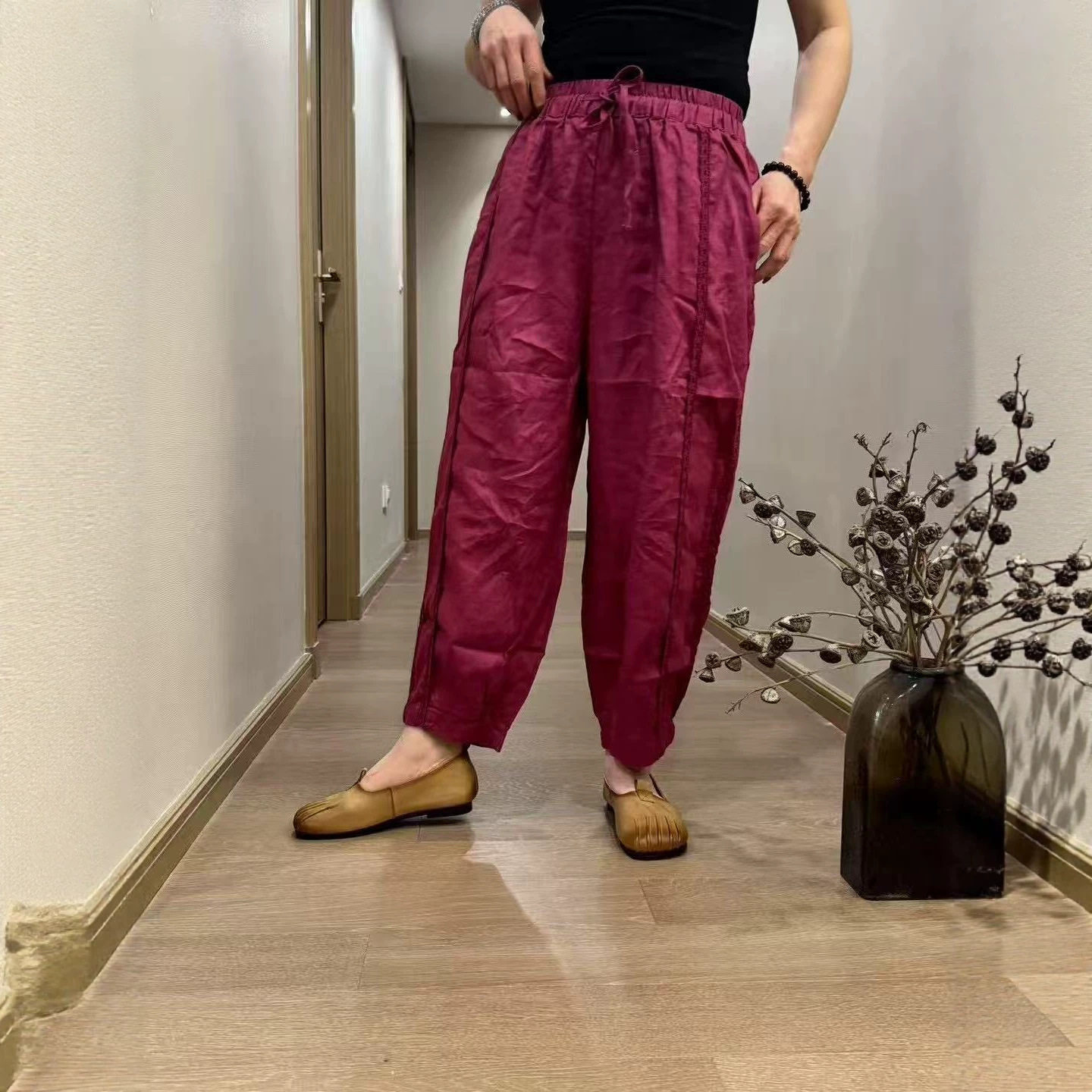 26年夏款休闲裤女纯亚麻蕾丝花边拼接九分裤宽松休闲韩版薄款裤子