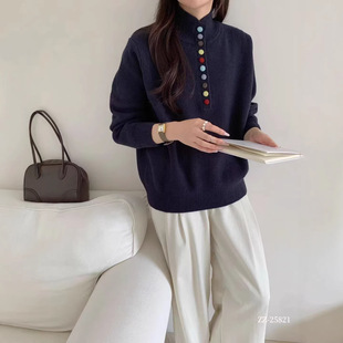 2025秋冬毛衣新款宽松学院风毛衣彩扣慵懒风彩扣高领毛衣女针织衫