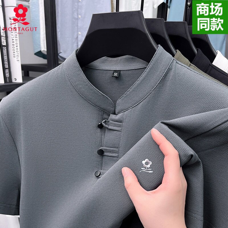 欧洲站官方正品高档中年男士短袖t恤中式风盘扣唐装体恤衫上衣夏