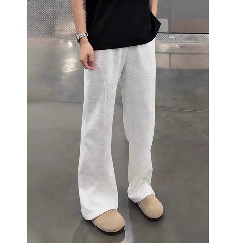 灰色斜切微喇卫裤男痞帅潮流cleanfit风美式复古弯刀直筒休闲男裤