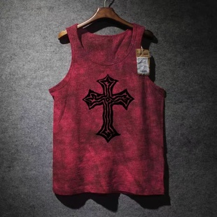 外贸尾货余货100%纯棉美式 宽松 复古十字架印花吊带背心男女夏季