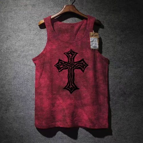 外贸尾货余货100%纯棉美式复古十字架印花吊带背心男女夏季宽松