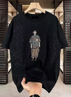 外贸余货卡通风黑色短袖T恤男个性印花圆领百搭上衣潮牌情侣装