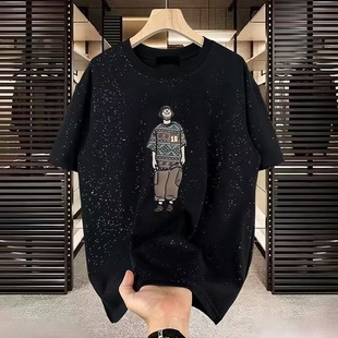 印花圆领百搭上衣潮牌情侣装 外贸余货卡通风黑色短袖 T恤男个性