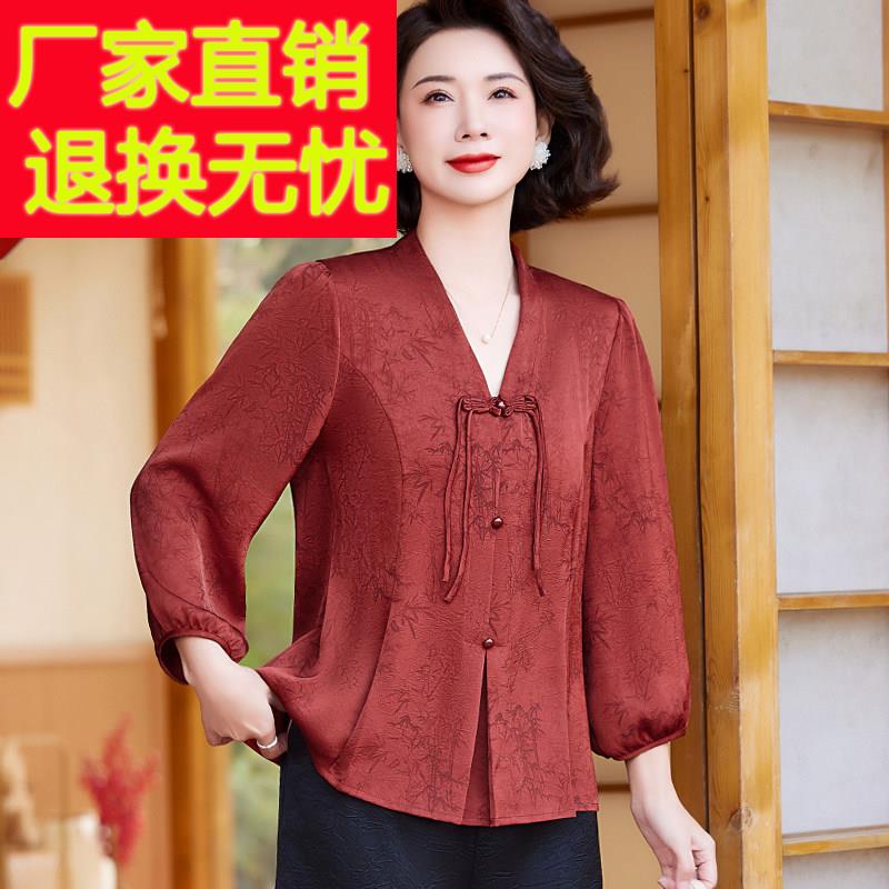 中老年大码女装杭州真丝香云纱上衣夏季洋气妈妈桑蚕丝新中式衬衣