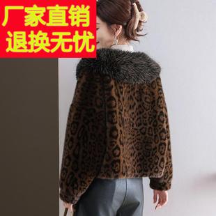 水貂绒皮草大衣外套女开衫短款豹纹小披肩毛领羊毛衫宽松大码秋冬