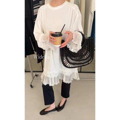 widelia陈魅儿2026春季新款 设计感松弛感蕾丝拼接长袖荷叶边上衣
