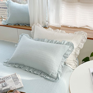 韩式 荷叶边全棉白色夹棉防污绗缝枕单人枕套纯棉加厚48cmX74cm