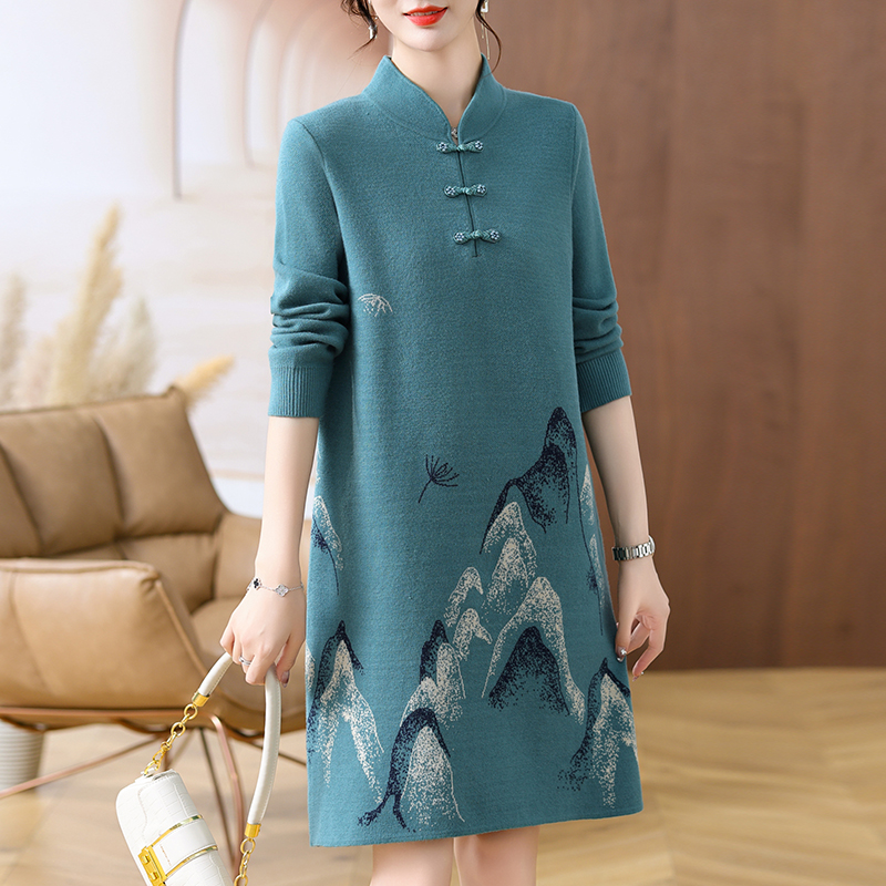 妈妈装毛衣旗袍中长款打底衫气质中老年女装秋冬装大码羊毛连衣裙