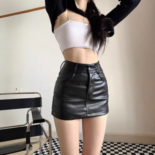 轻奢a字裙口袋设计感性感辣m半身裙 显瘦时尚 黑色pu皮裙女秋季 新款
