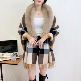 毛领披肩秋冬针织外搭格子流苏围巾两用中长款 保暖披风毛衣外套女