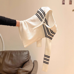 撞色条纹针织打底衫内搭女2025春装新款半开领长袖高级感气质上衣